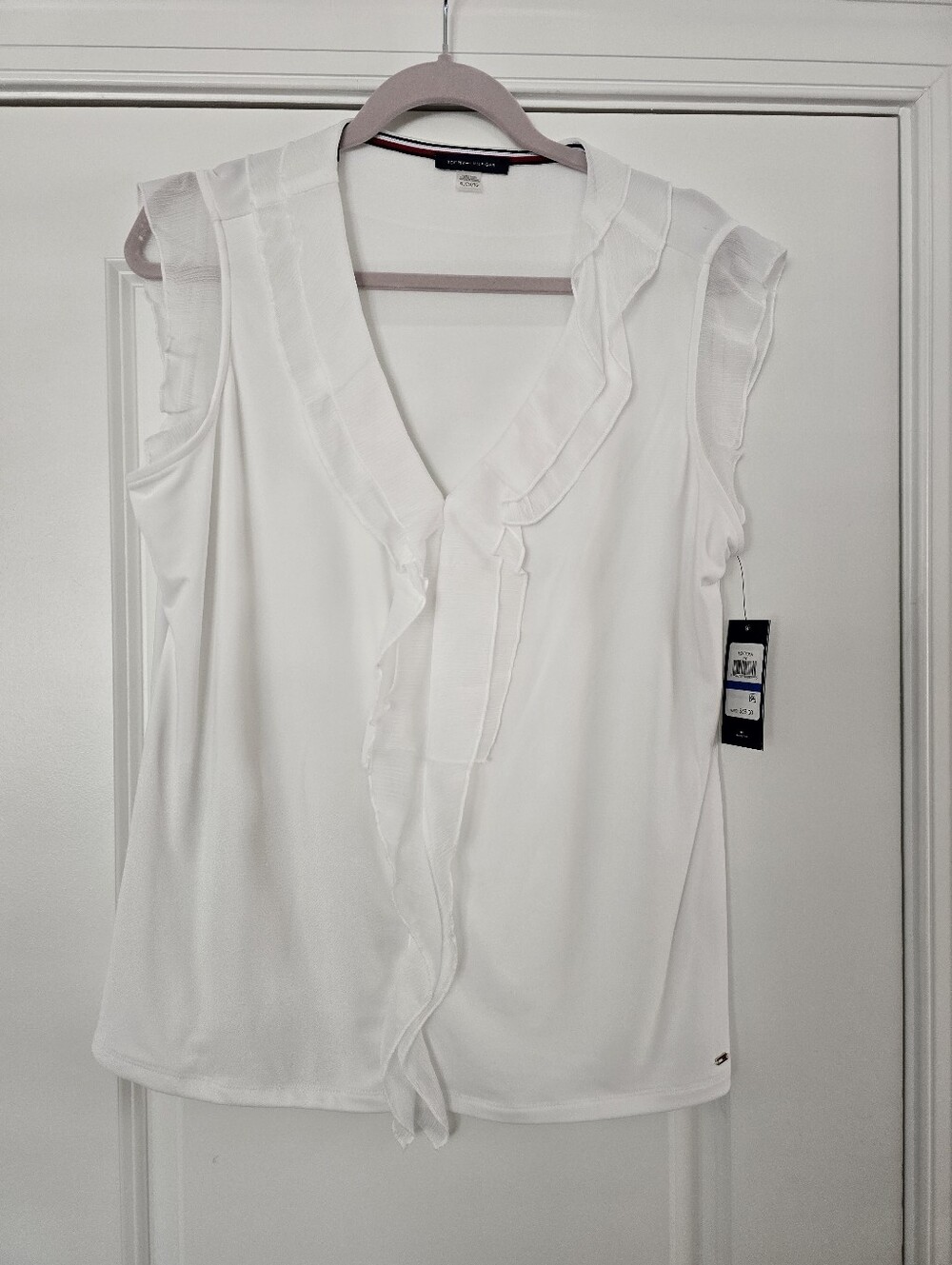 Tommy Hilfiger White Ruffle V-Neck Sleeveless Blouse